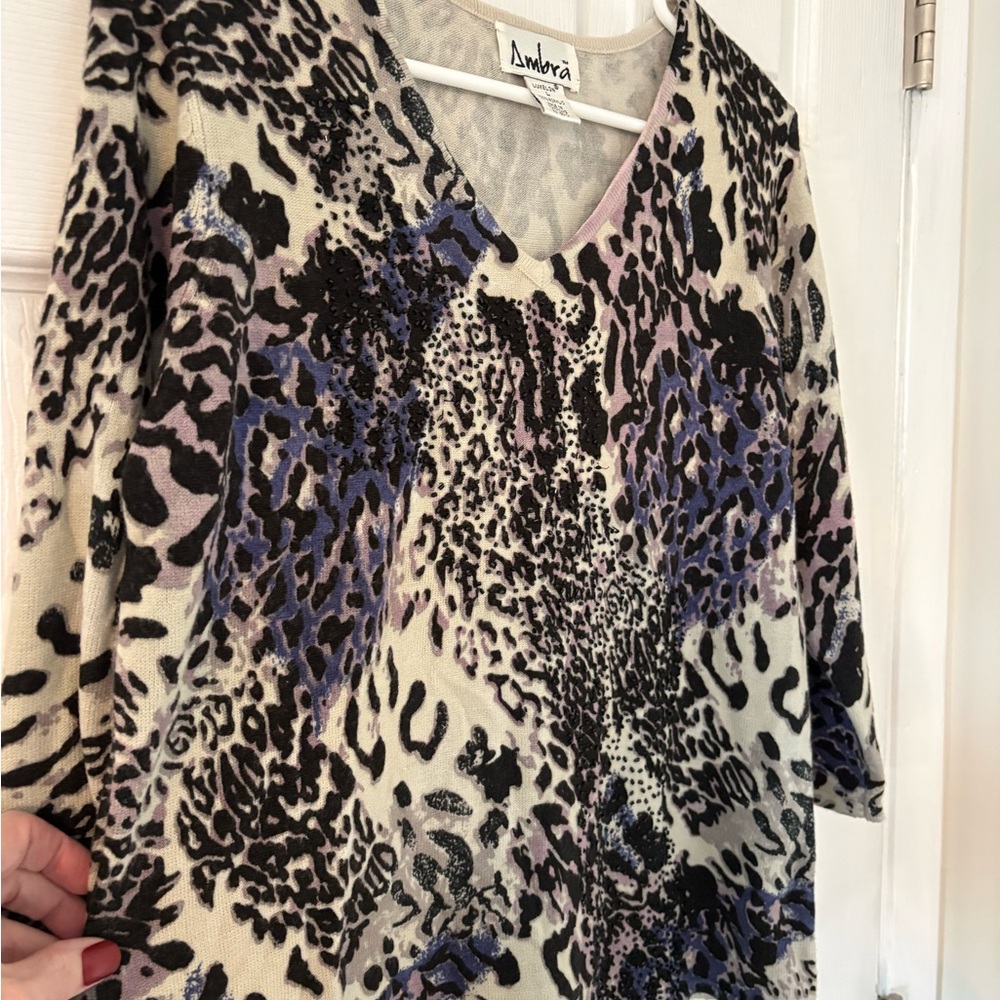 Animal Print Top Y2K Grunge Leopard Neutral Soft Knit Long Sleeve Large - Picture 6 of 7